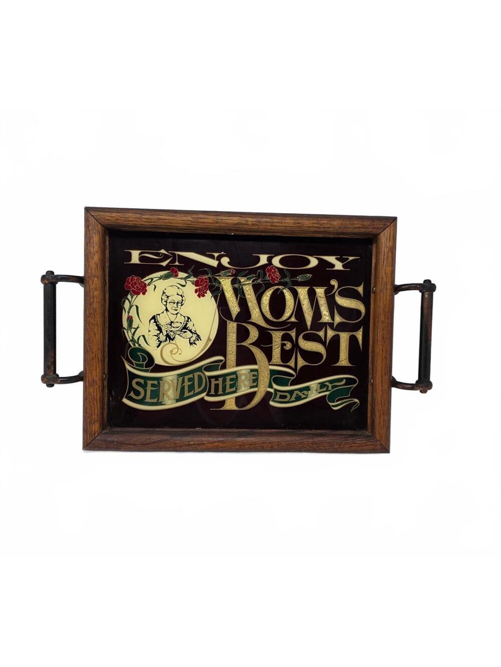 Vintage Mom's Best Wood & Glass Serving Tray with Handles Kitchen Wall Decor
